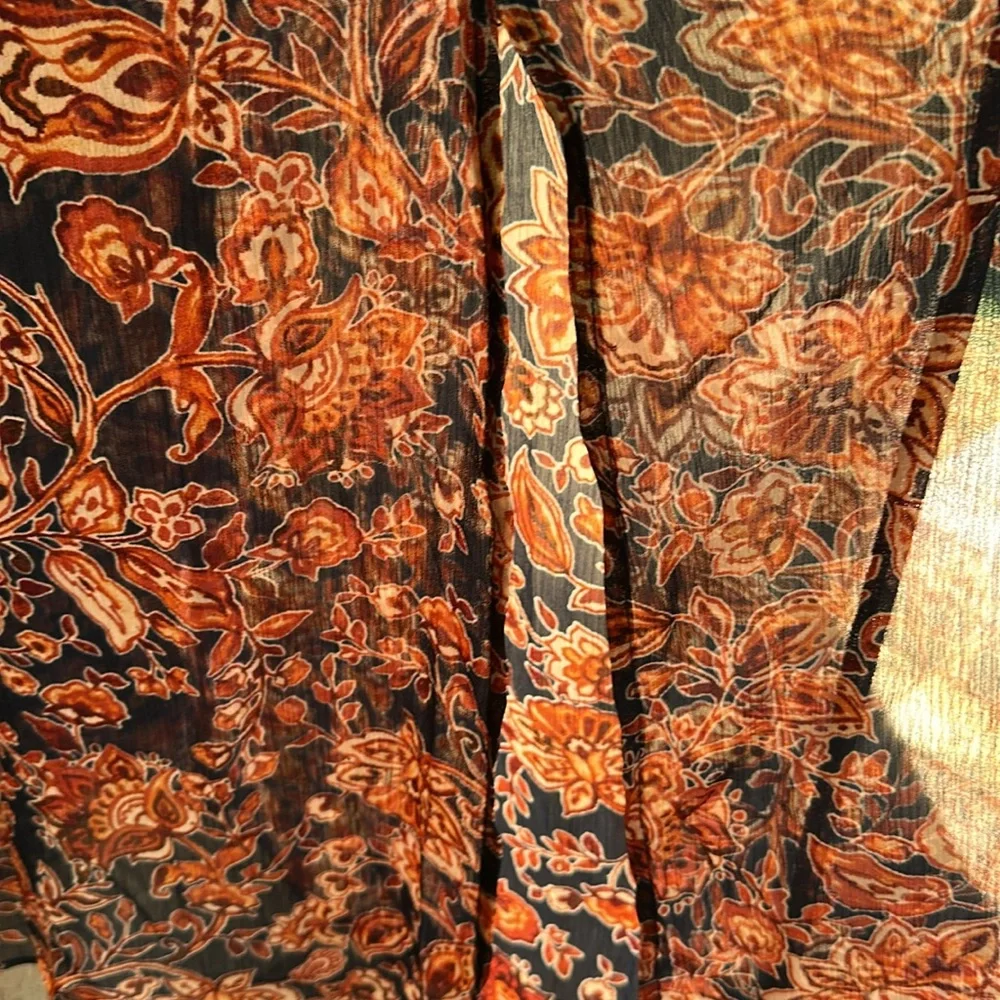 Xhileration Floral Maxi Boho Dress - Navy & Orange Floral. Tassel Ties & Slits - Picture 7 of 11